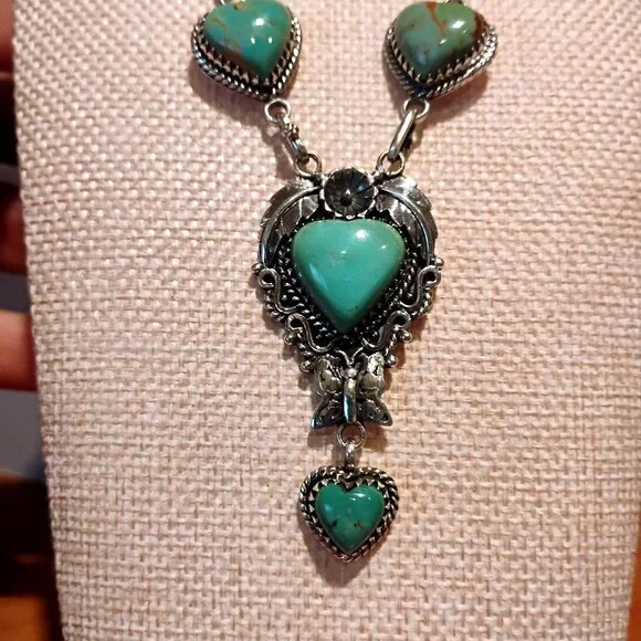 Turquoise Heart Stone Sterling Silver Lariat Necklace Butterfly Flower Southwest - Picture 6 of 12